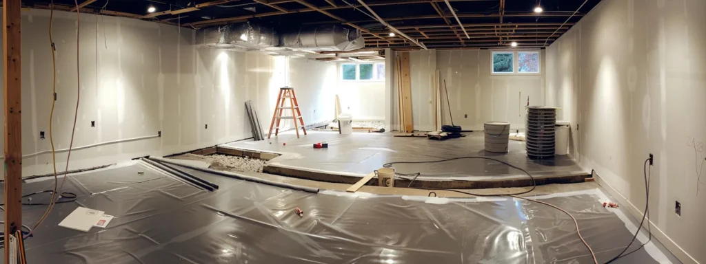 a brightly lit basement showcases the waterproofing process, featuring exposed concrete walls as a contractor applies waterproofing membranes while another expertly installs a french drain, all in a clean and professional workspace.
