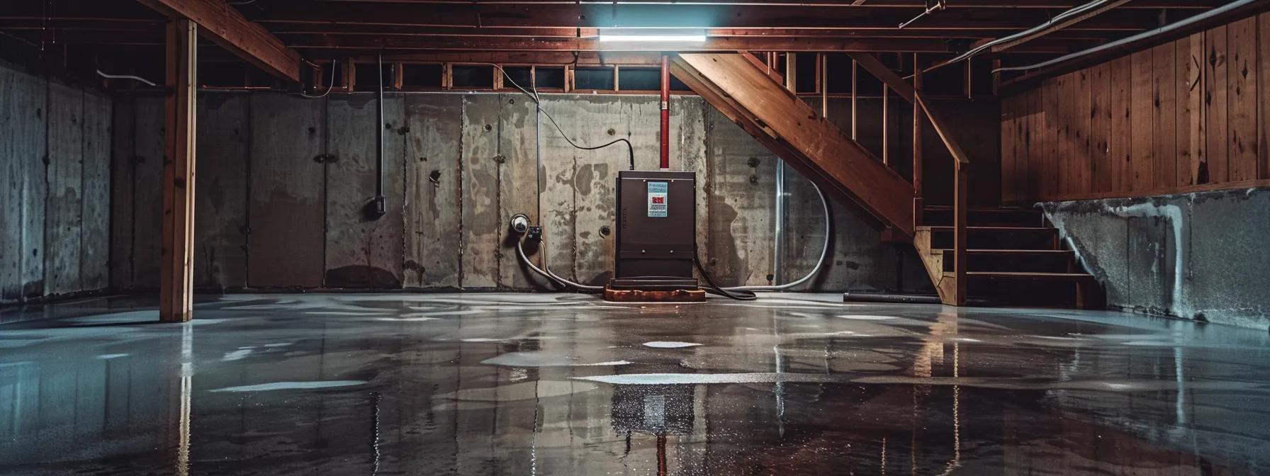 a modern basement interior showcases a sleek, operational sump pump actively removing water, with vivid signs of moisture damage on the walls, highlighting the importance of these systems for south jersey homeowners.