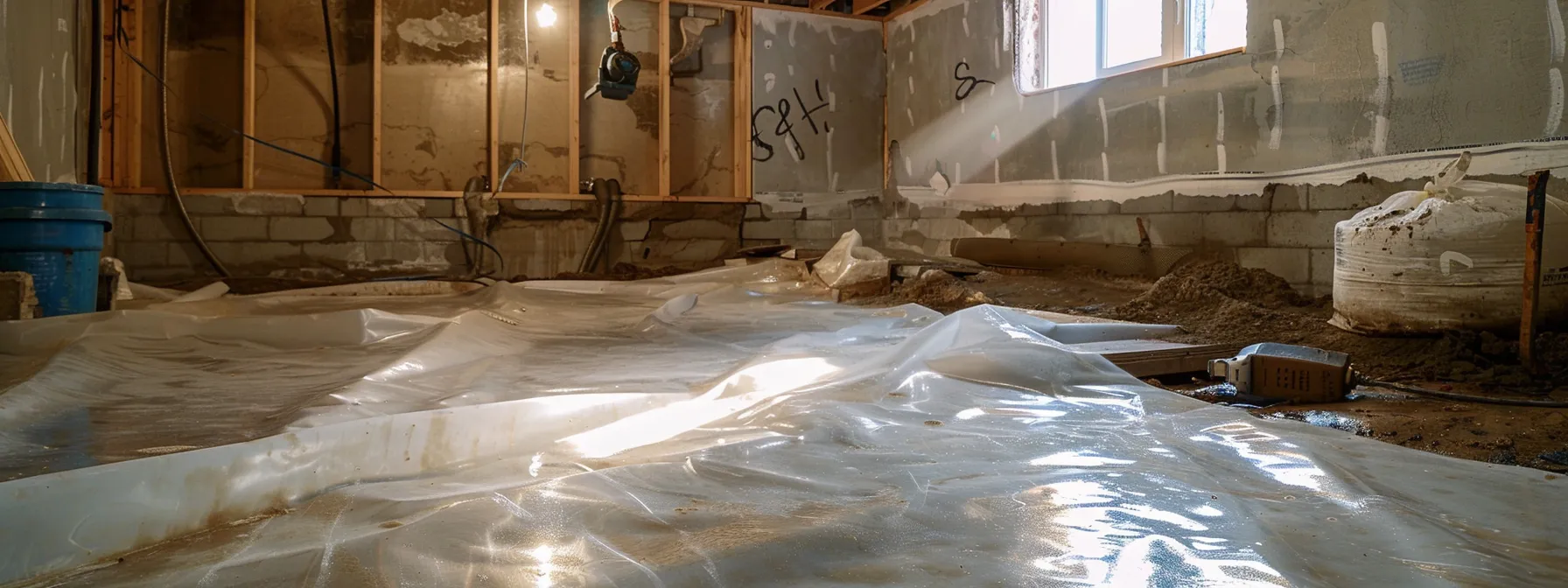 a professional contractor applies waterproofing membranes in a well-lit basement with exposed concrete walls, showcasing ongoing water damage repair efforts with a sump pump and a newly installed french drain ready for use.