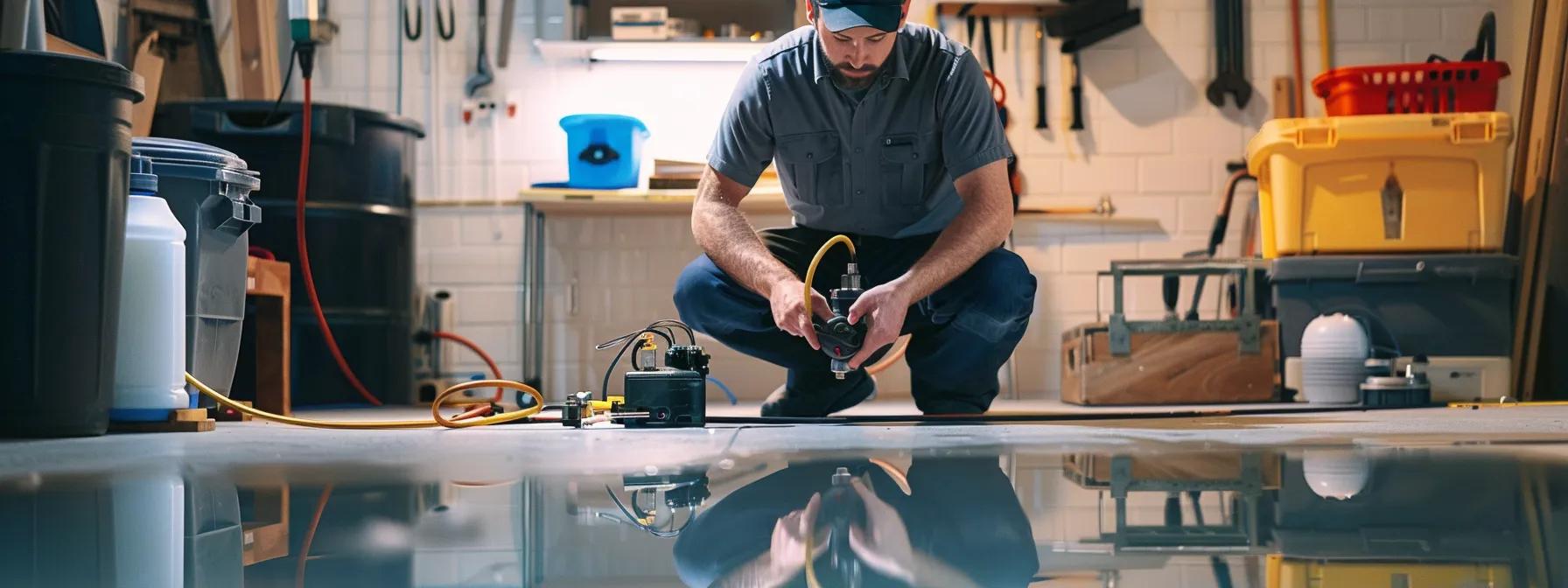 a professional technician meticulously installs a robust sump pump in a well-lit, modern basement, showcasing the precision and reliability of the installation process against a backdrop of clean, organized tools and materials.