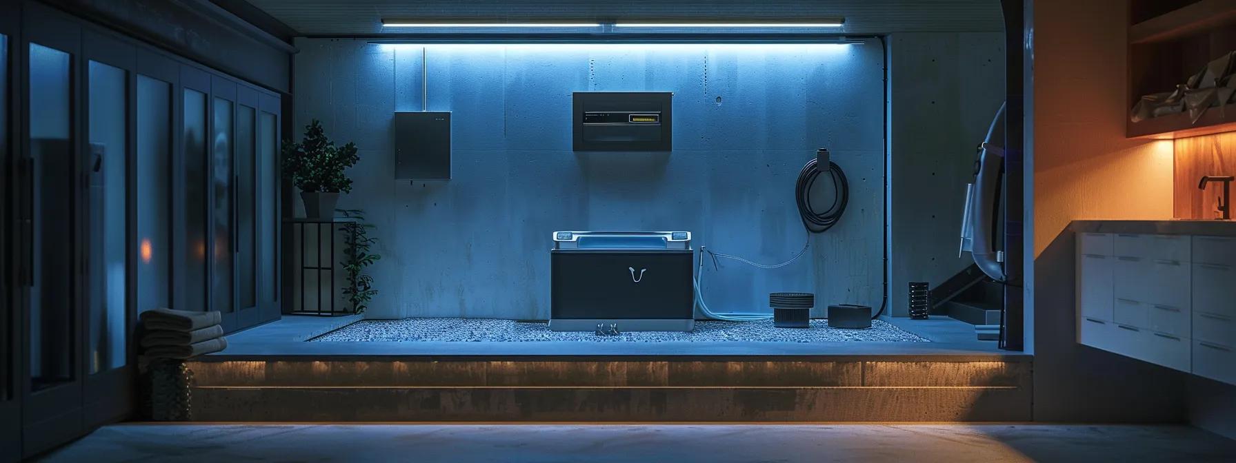 a sleek, modern basement with a high-tech sump pump installation prominently displayed, illuminated by cool, bright overhead lights that emphasize the importance of water protection and structural integrity.