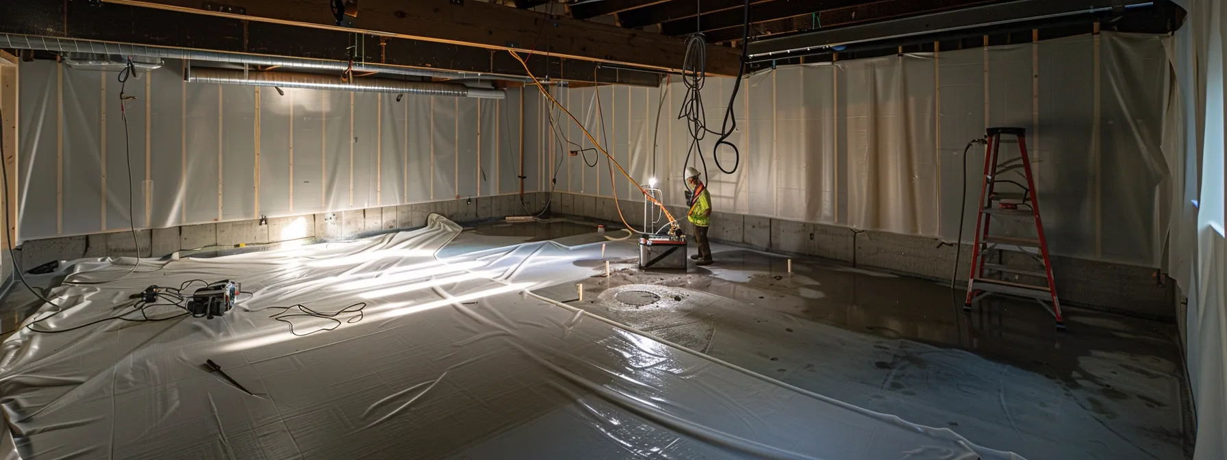 a well-lit basement showcases contractors applying waterproofing membranes to exposed concrete walls, with one sealing cracks using hydraulic cement and another preparing to install a french drain alongside a new sump pump in a clean, professional environment.