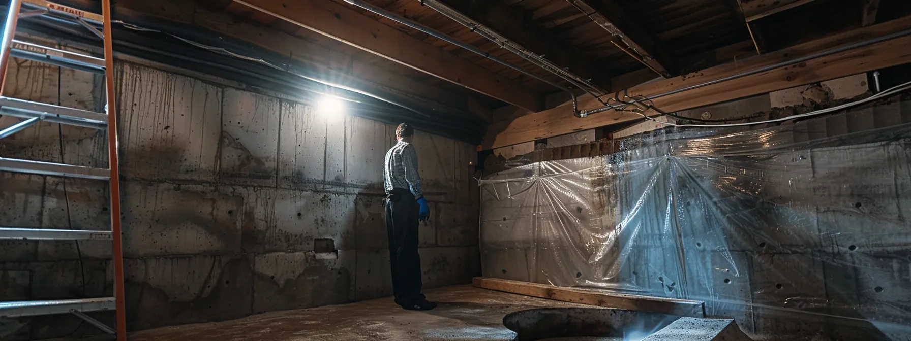 a well-lit residential basement showcases contractors applying waterproofing membranes to exposed concrete walls, with one contractor sealing cracks and another installing a french drain, creating a professional and clean atmosphere dedicated to flood prevention.