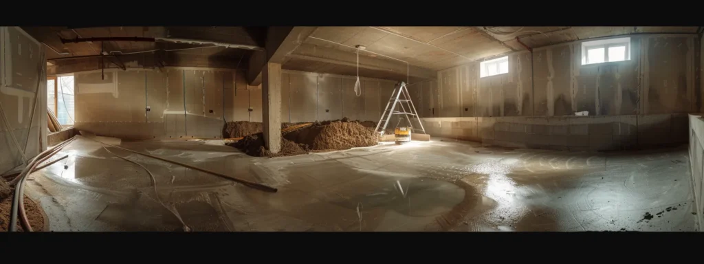 a well-lit basement showcases the waterproofing process, featuring exposed concrete walls and flooring as contractors expertly apply membranes and seal cracks with hydraulic cement, while a french drain and sump pump await installation in a clean and professional workspace.