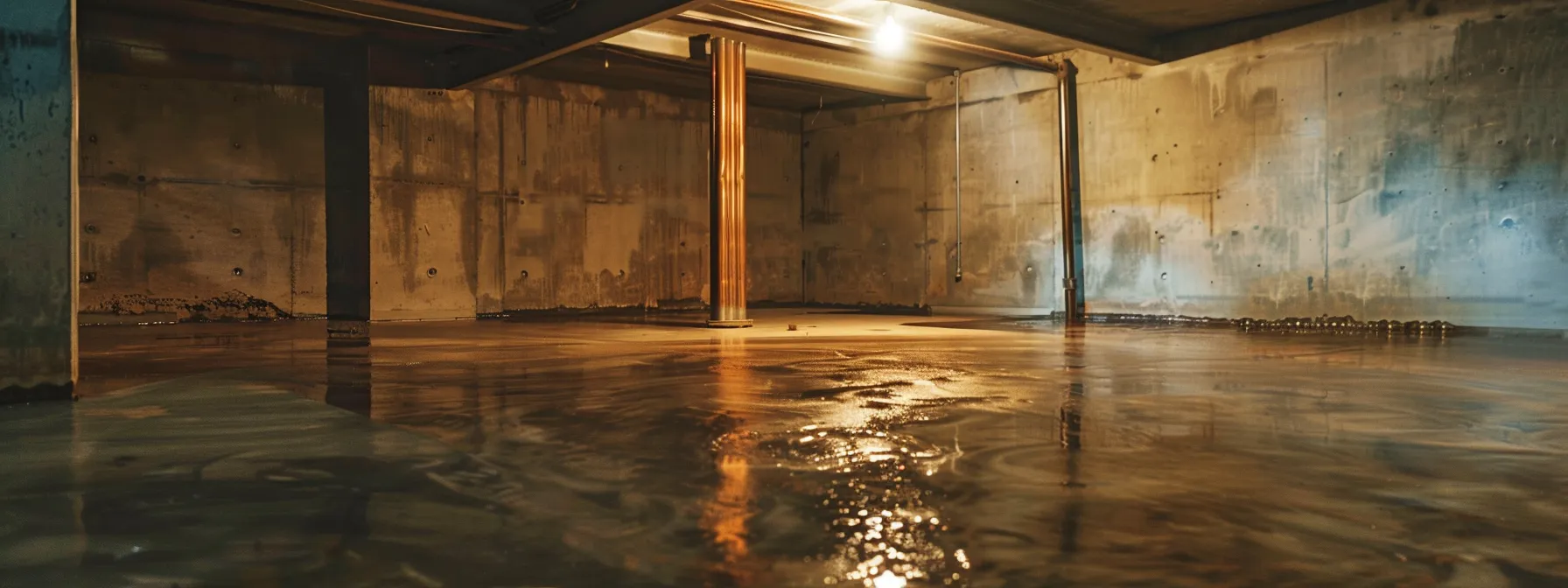 a well-lit residential basement showcases professional contractors applying waterproofing membranes to exposed concrete walls, meticulously sealing cracks with hydraulic cement and installing a french drain, highlighting the importance of expert water damage restoration.