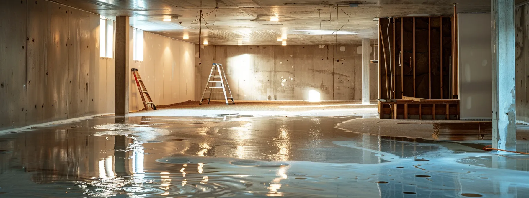 a well-lit residential basement scene showcases professional contractors applying waterproofing membranes, sealing cracks with hydraulic cement, and installing a french drain, all in a clean and organized environment that emphasizes effective water damage restoration.