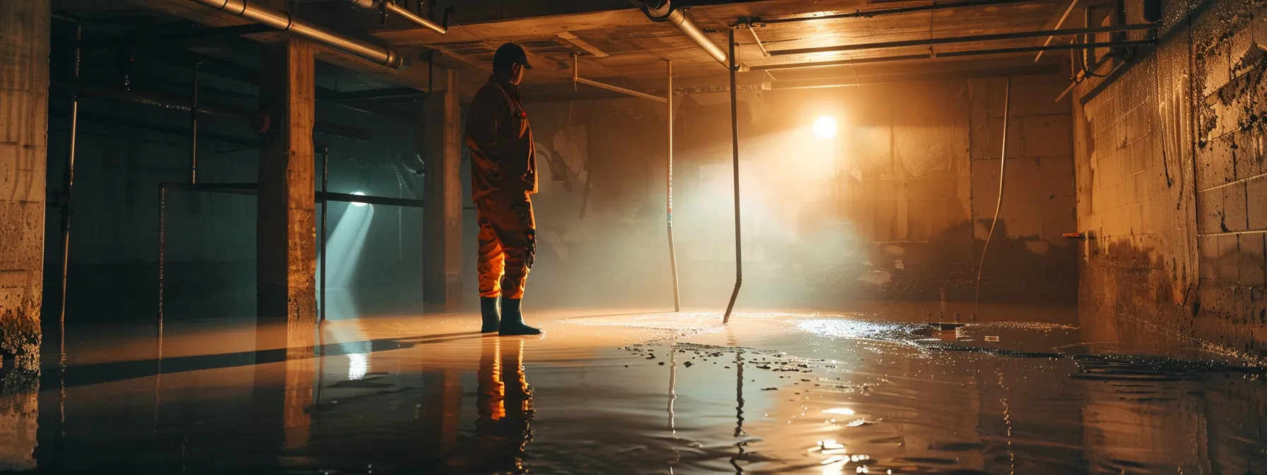 a well-lit basement showcases a professional waterproofing process, featuring exposed concrete walls, a contractor skillfully sealing cracks with hydraulic cement, and another installing a french drain, all emphasizing prompt local response to water damage repairs.
