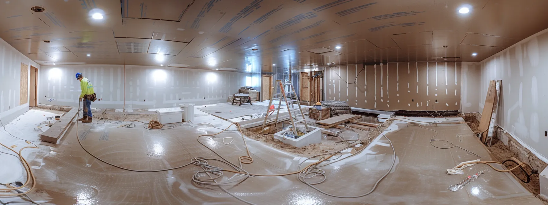 a well-lit basement showcases a professional waterproofing process, featuring exposed concrete walls and flooring, as contractors in safety gear expertly apply waterproofing membranes and install a french drain, with a sump pump poised for installation in the corner.