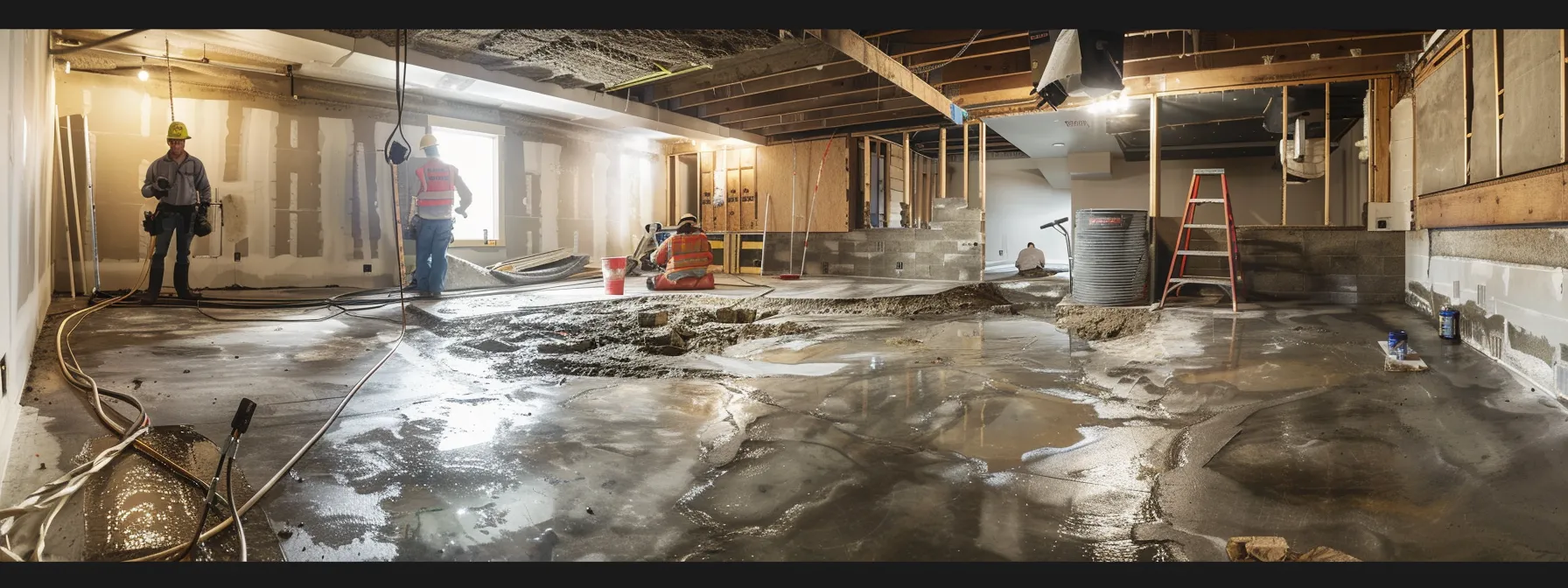 a well-lit residential basement showcases the process of waterproofing, with exposed concrete walls and floors, as a contractor in safety gear skillfully applies hydraulic cement to seal cracks while another installs a french drain, emphasizing the meticulous restoration of a safe, dry environment.