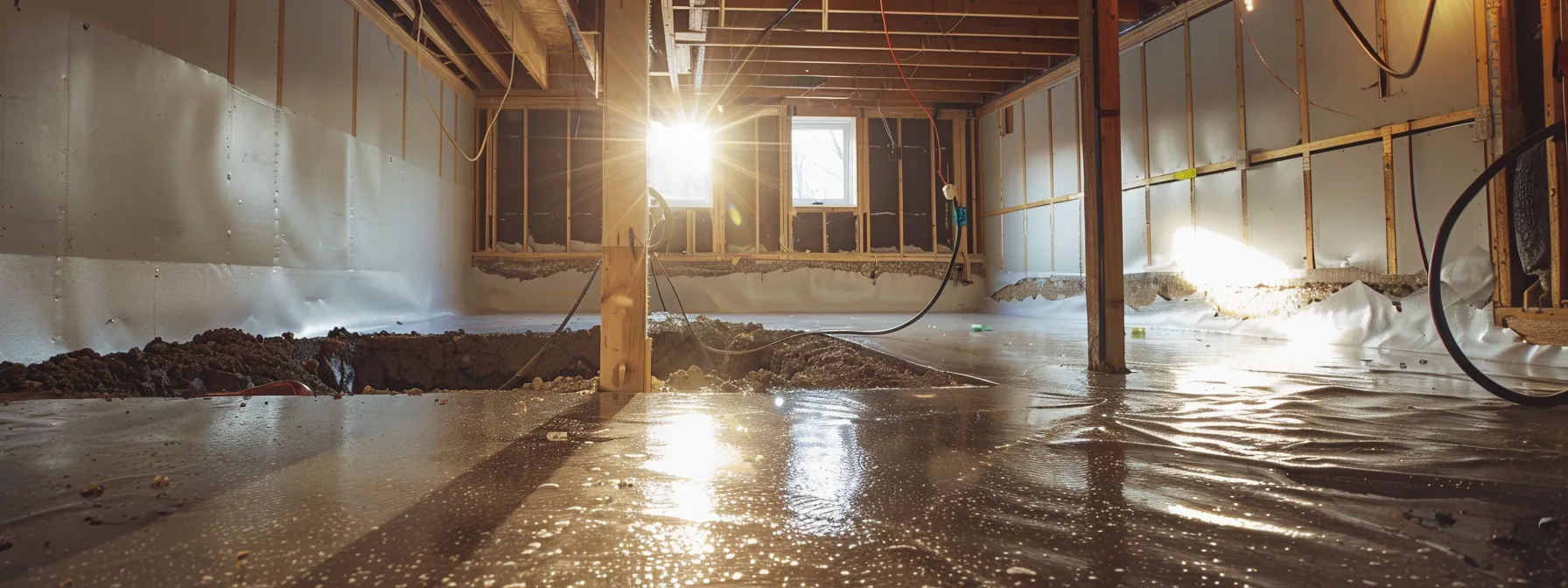 a well-lit, professional basement showcases contractors applying waterproofing membranes to exposed concrete walls while installing a french drain and preparing a sump pump, emphasizing the meticulous care required for effective water damage protection.