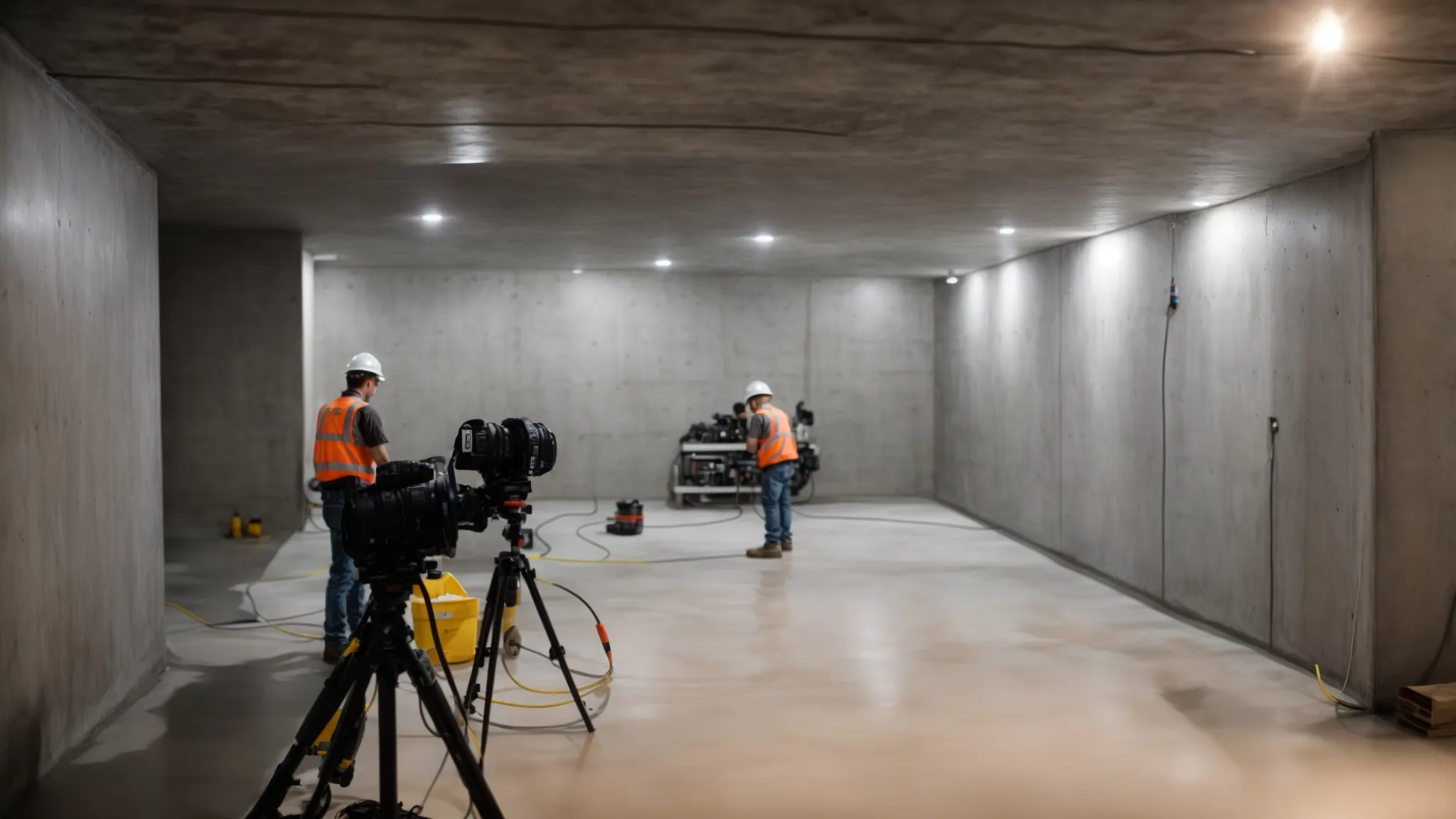 a bright, professional basement scene showcases contractors applying waterproofing membranes on exposed concrete walls, meticulously sealing cracks with hydraulic cement, while a sump pump awaits installation next to a newly laid french drain.