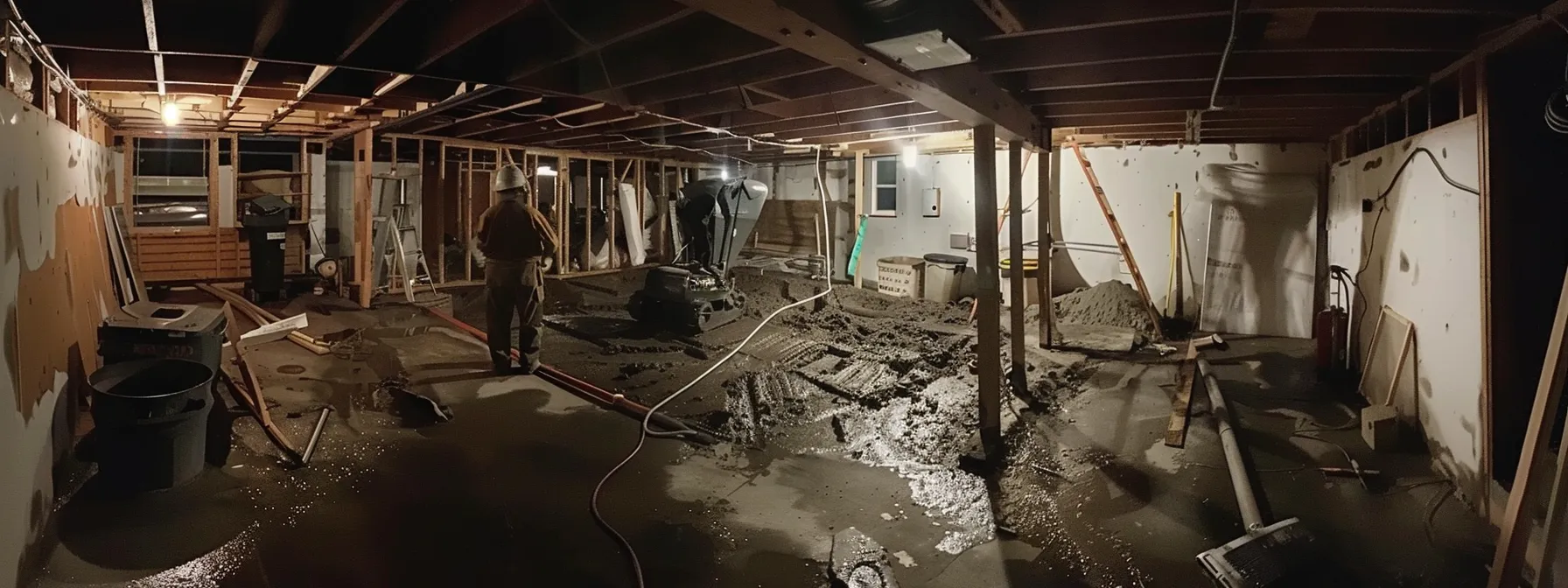 a well-lit, professional basement waterproofing scene showcases contractors in safety gear methodically applying waterproofing membranes and sealing cracks, while a newly installed french drain and a待 ready sump pump enhance the environment’s effectiveness in water management.