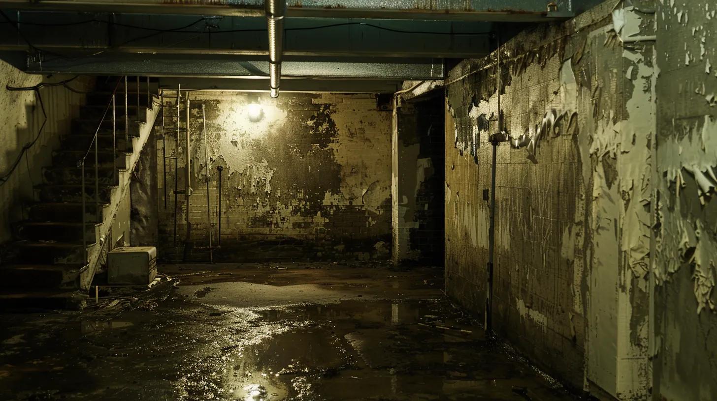 a dimly lit basement showcases visible signs of water damage, with peeling paint and damp walls, emphasizing the urgent need for waterproofing solutions to prevent serious health and structural risks.