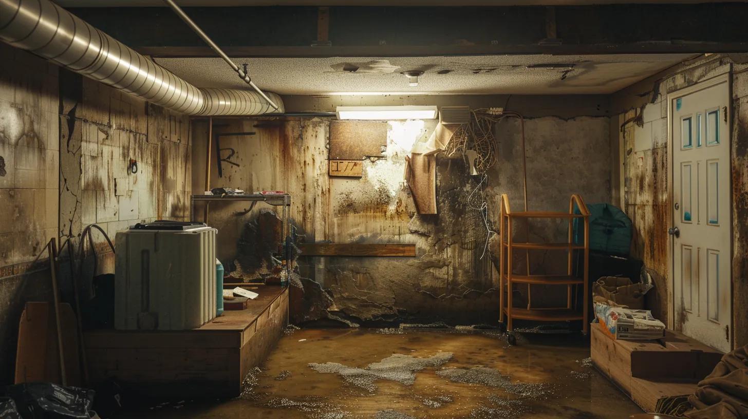 a meticulously organized basement showcases distinct signs of early water damage, including subtle discoloration on the walls and damp spots on the floor, illuminated by cool artificial lighting to emphasize the urgency of detection.