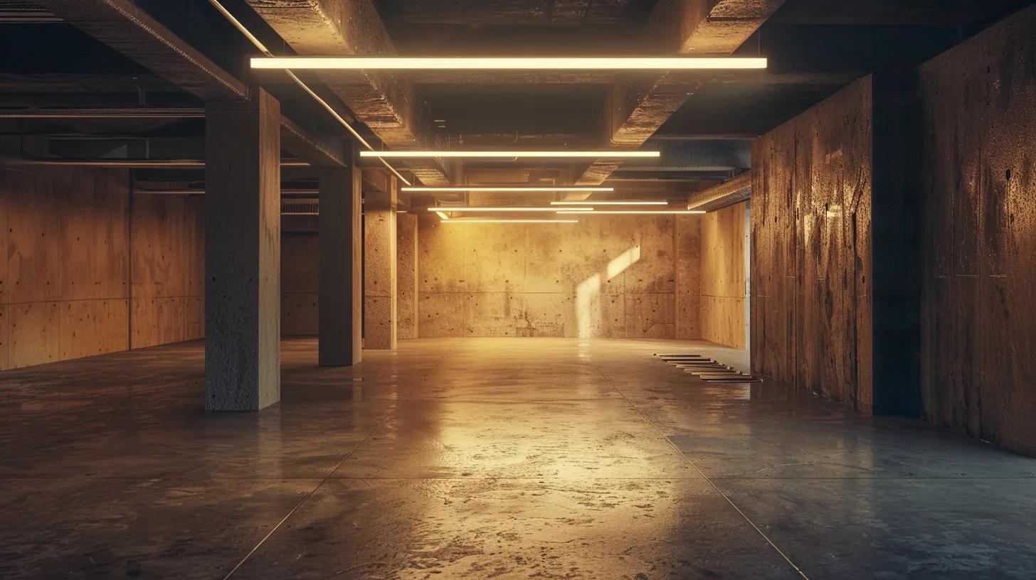 a modern basement space, meticulously designed with waterproofing materials visibly applied to walls and floors, illuminated by bright overhead lights, emphasizes the importance of preventive measures against water damage.