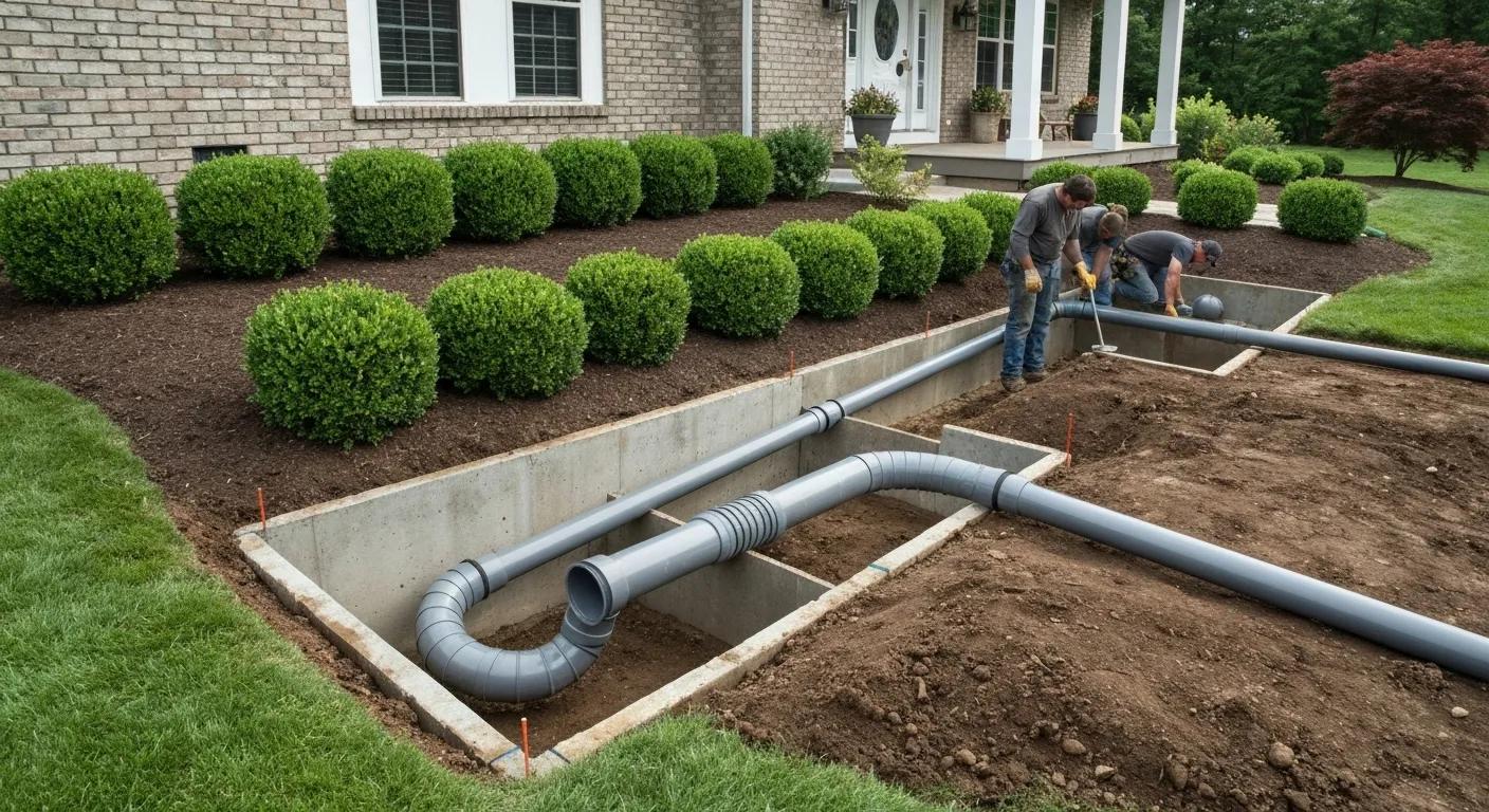 A professional installation of a French drain system around a home's foundation, demonstrating effective solutions for hydrostatic pressure and water management.