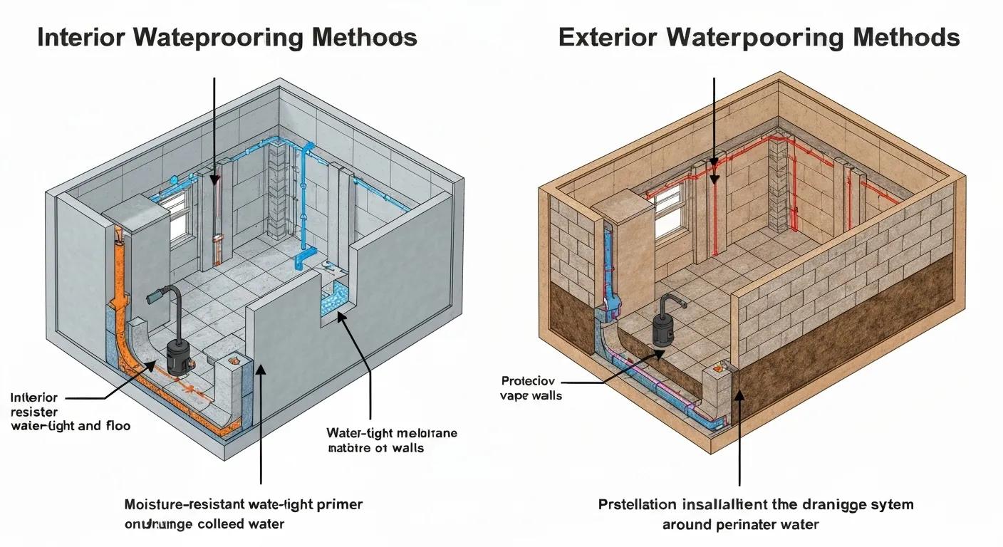 Comparison of interior and exterior basement waterproofing methods