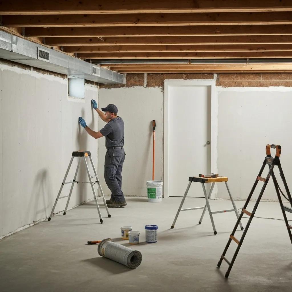 Technician applying waterproof sealant in a modern basement