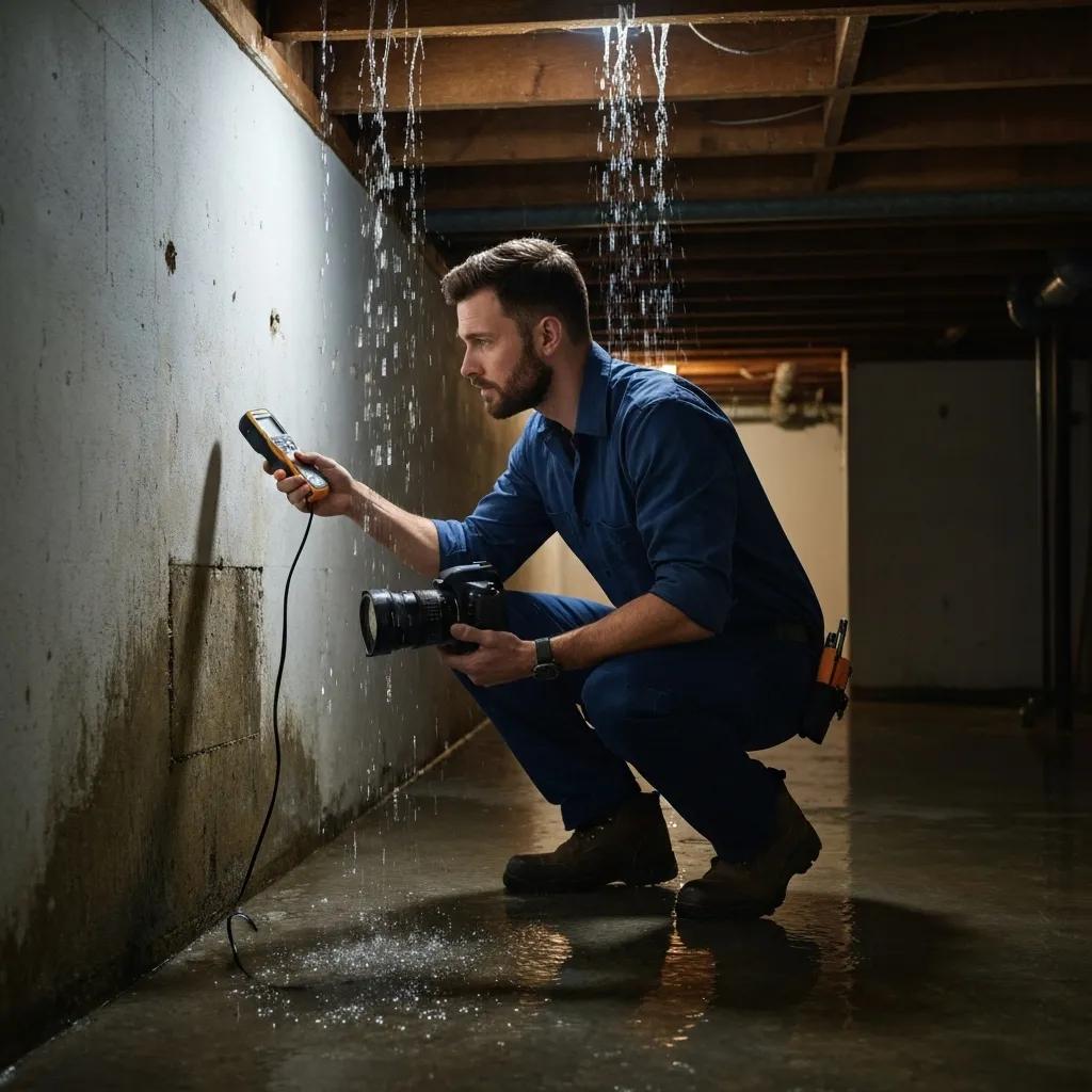 Professional technician inspecting basement water damage with tools
