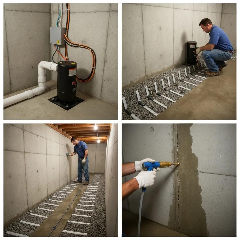 Professional waterproofing methods being applied in a basement
