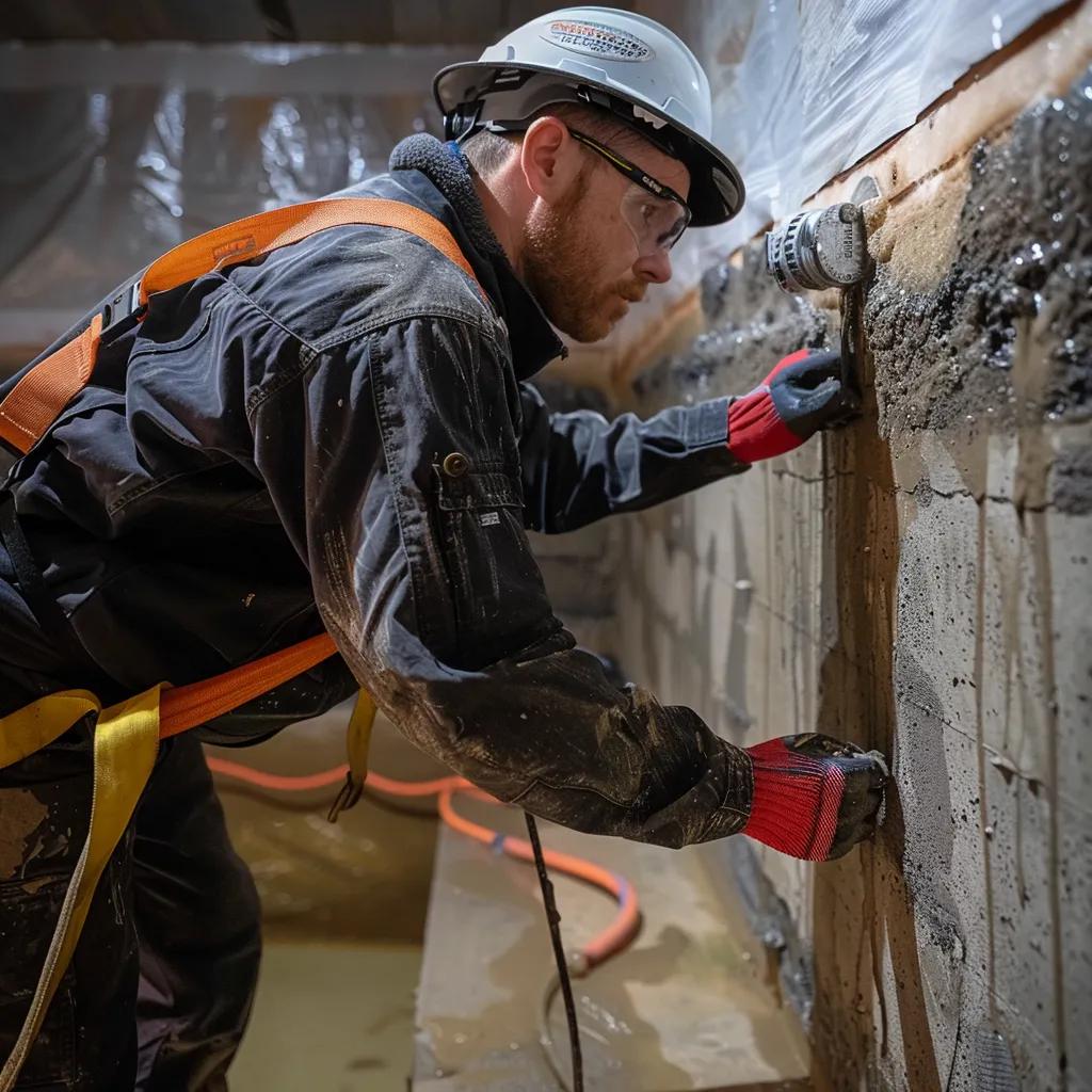 Licensed waterproofing technician inspecting a South Jersey basement for leaks and moisture
