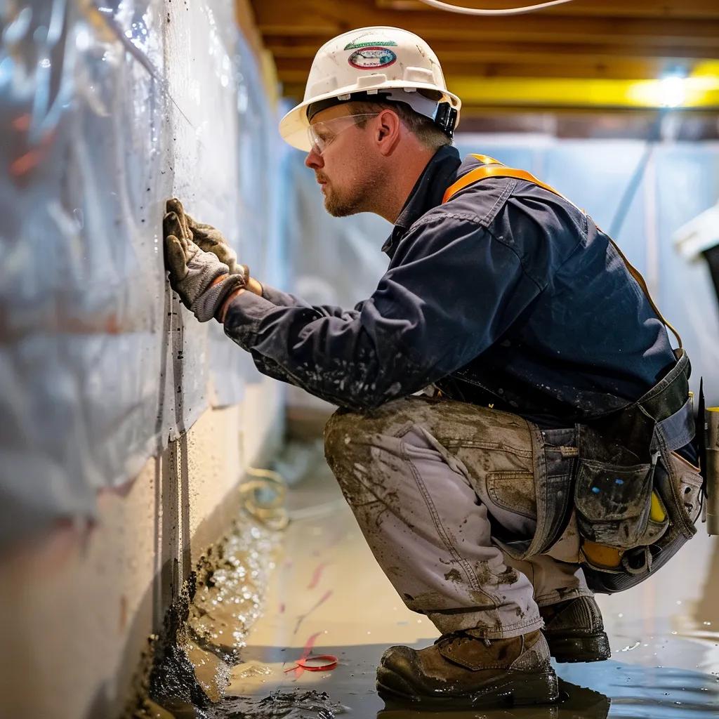 Basement waterproofing work: perimeter drain and sump pump installation in progress